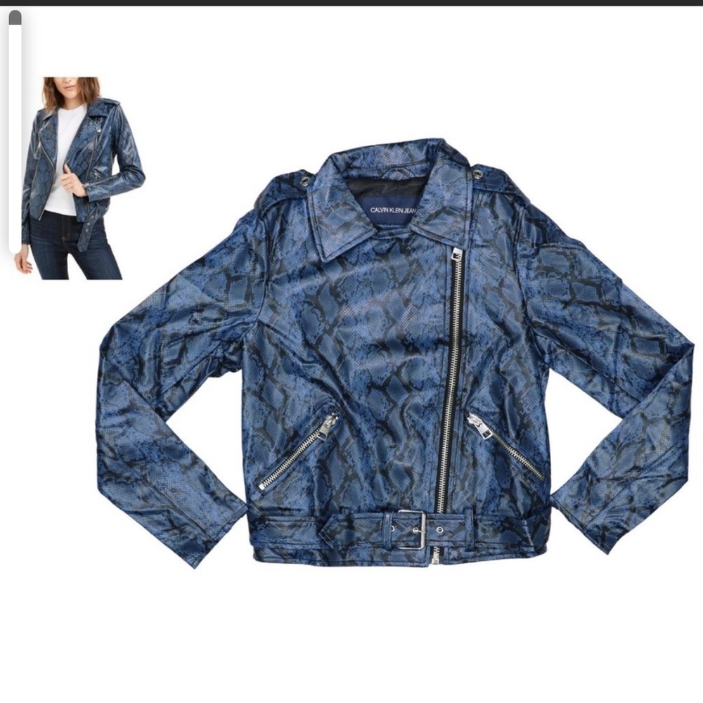 Calvin Klein Jeans Faux Leather Python Print Women's Moto Jacket NWT Indigo